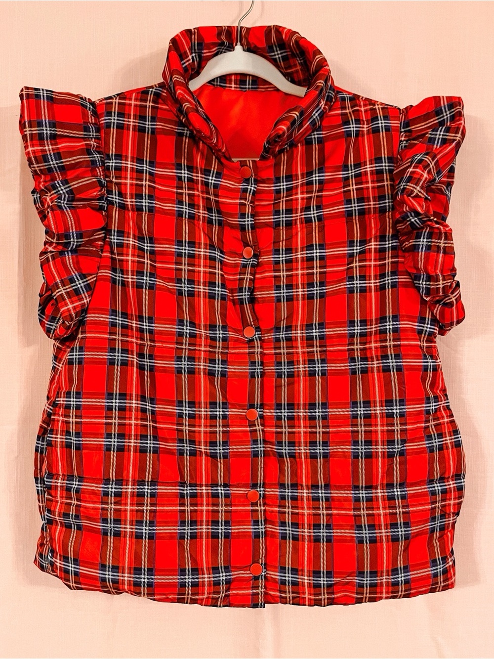 Red Plaid Puffer Ruffle Sleeve Lightweight Quilted Vest